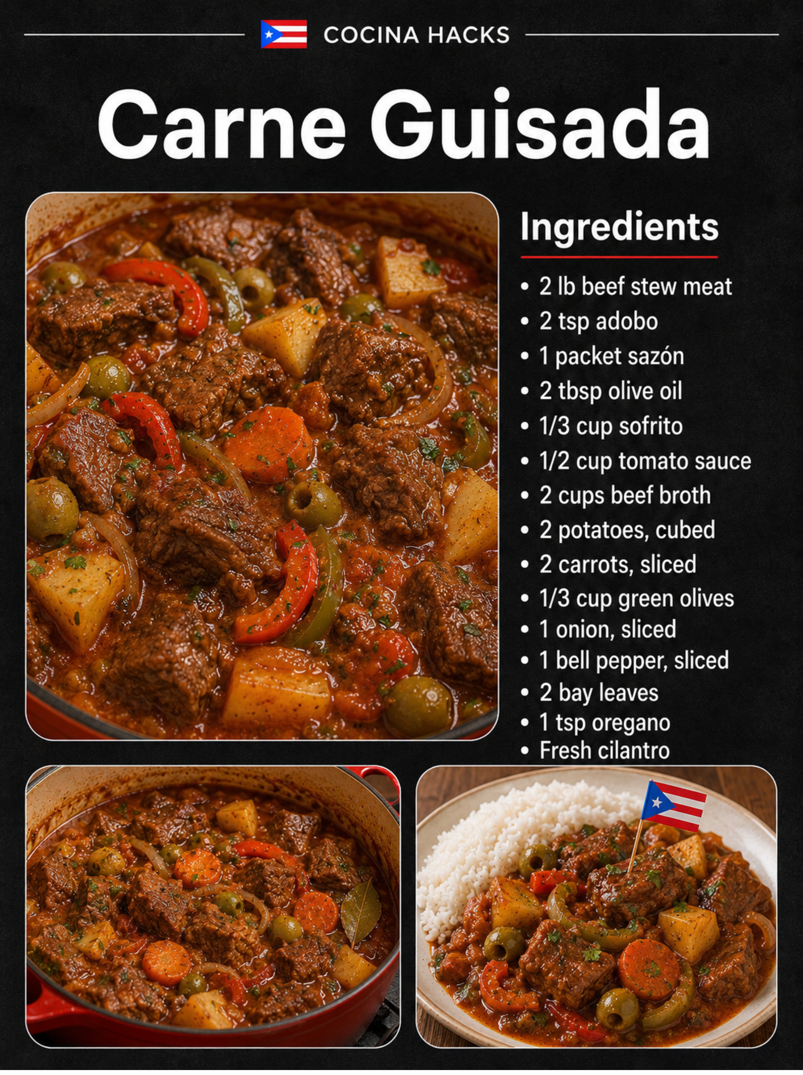 Tender beef, soft potatoes, carrots, olives, and rich Puerto Rican seasoningāall slowly simmered in a flavorful sauce. This is pure comfort food! š