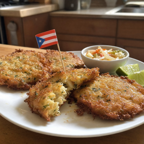 Crispy Puerto Rican bacalaitos made with salted cod, sofrito, garlic, and herbs