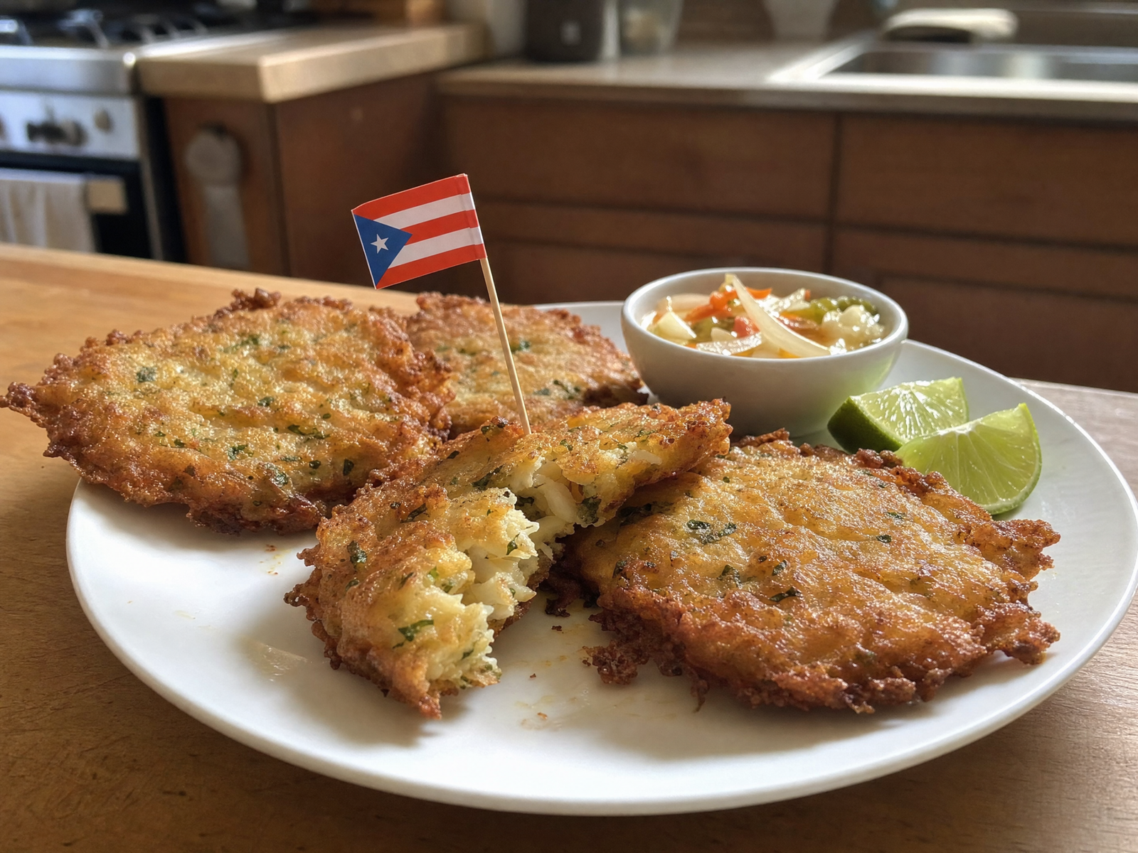 Crispy Puerto Rican bacalaitos made with salted cod, sofrito, garlic, and herbs
