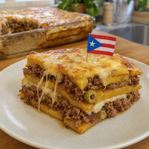 Puerto Rican piñón with fried sweet plantains, seasoned beef picadillo and melted cheese