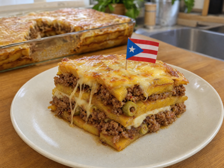 Puerto Rican piñón with fried sweet plantains, seasoned beef picadillo and melted cheese