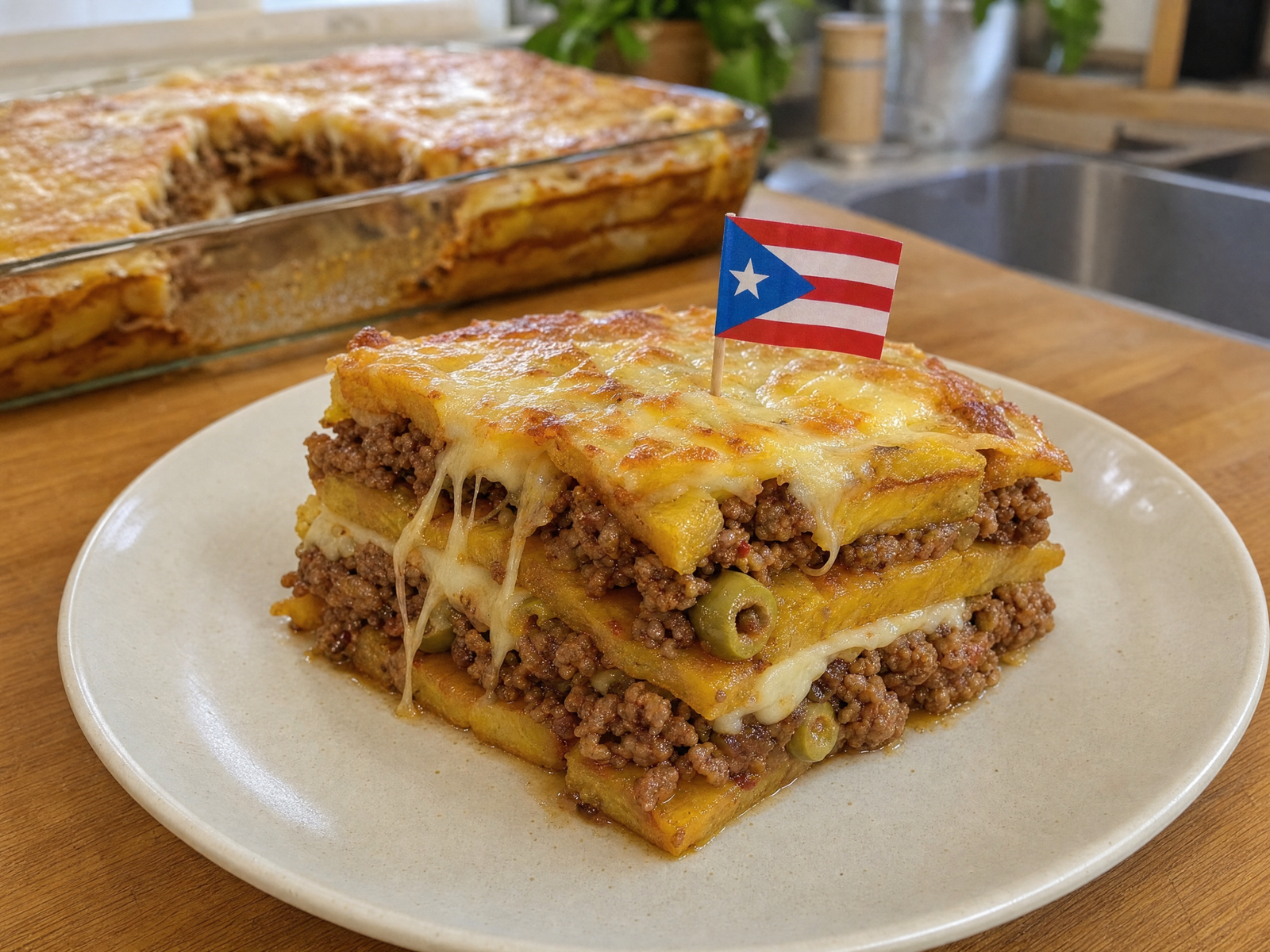 Puerto Rican piñón with fried sweet plantains, seasoned beef picadillo and melted cheese