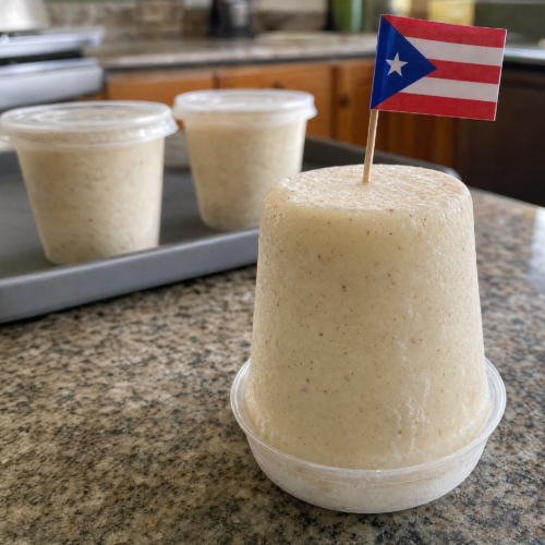 Puerto Rican limber de coco flipped inside a clear cup with a creamy coconut texture and small cinnamon specks