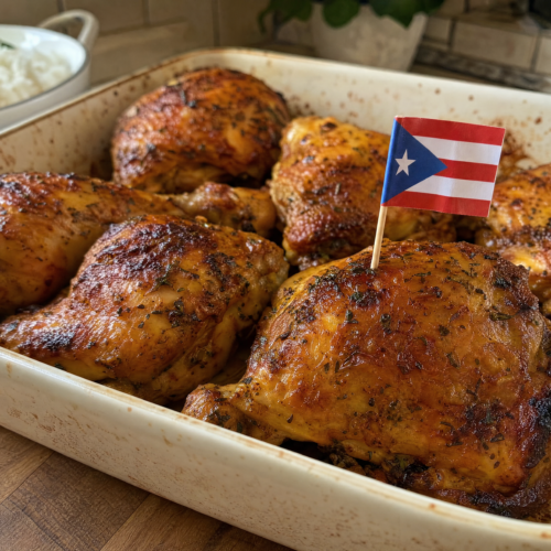 Golden roasted Puerto Rican pollo al horno chicken thighs and drumsticks in a baking dish, skin crisped and deeply browned, served on a rustic wooden table.