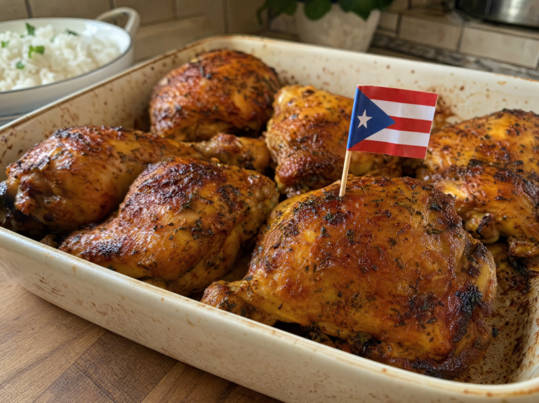 Golden roasted Puerto Rican pollo al horno chicken thighs and drumsticks in a baking dish, skin crisped and deeply browned, served on a rustic wooden table.