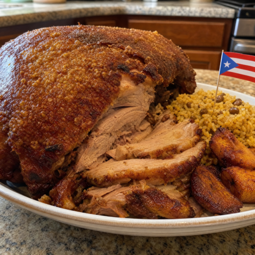Authentic Puerto Rican pernil with tender roasted pork and crispy golden cuerito