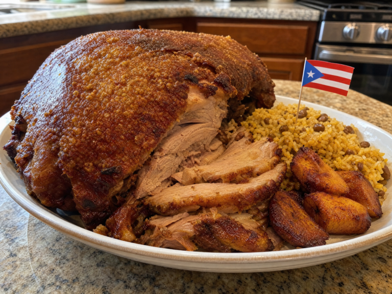 Authentic Puerto Rican pernil with tender roasted pork and crispy golden cuerito
