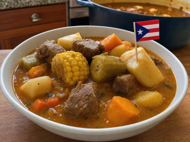 Puerto Rican sancocho with tender beef, corn, green plantain and root vegetables in a rich sofrito broth