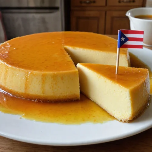 A sliced Puerto Rican flan de queso on a white serving plate, glossy amber caramel sauce pooling around the pale golden custard, with one slice cut and slightly pulled forward.