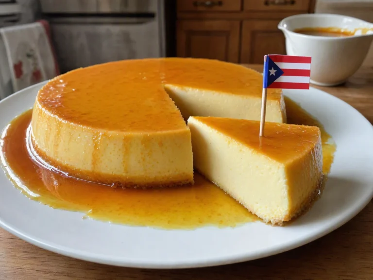 A sliced Puerto Rican flan de queso on a white serving plate, glossy amber caramel sauce pooling around the pale golden custard, with one slice cut and slightly pulled forward.