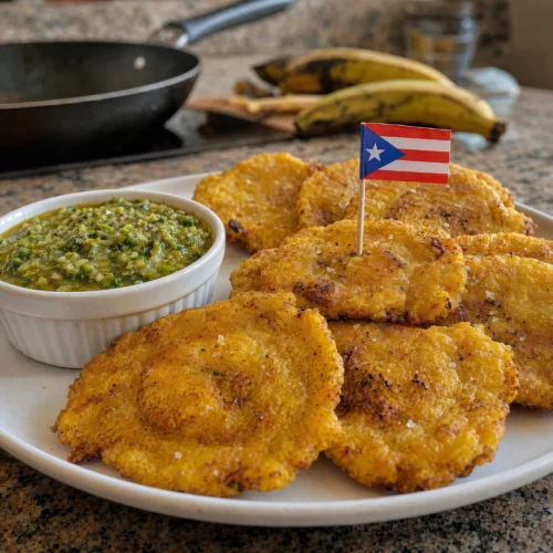A plate of golden, twice-fried tostones stacked beside a small bowl of green-flecked ajilimójili sauce, garnished with a Puerto Rican flag toothpick
