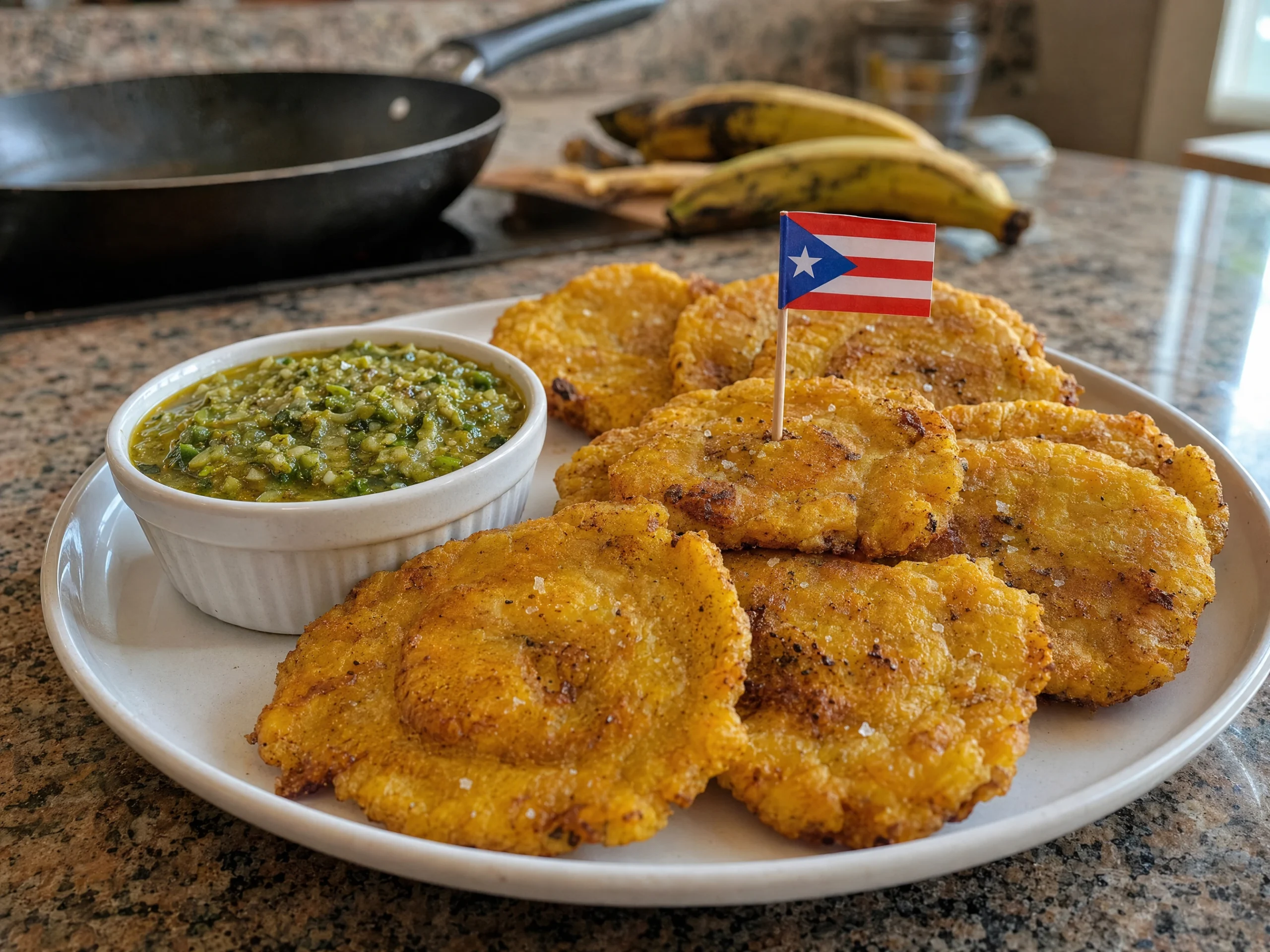 A plate of golden, twice-fried tostones stacked beside a small bowl of green-flecked ajilimójili sauce, garnished with a Puerto Rican flag toothpick