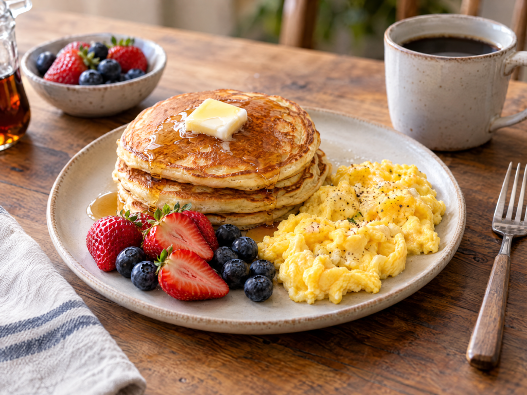 Breakfast plate with pancakes, scrambled eggs, fresh berries and coffee