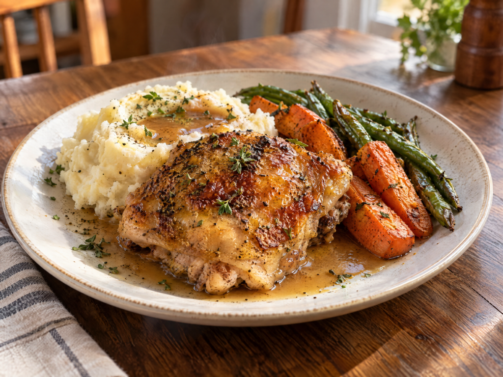 Roasted herb chicken with mashed potatoes and vegetables
