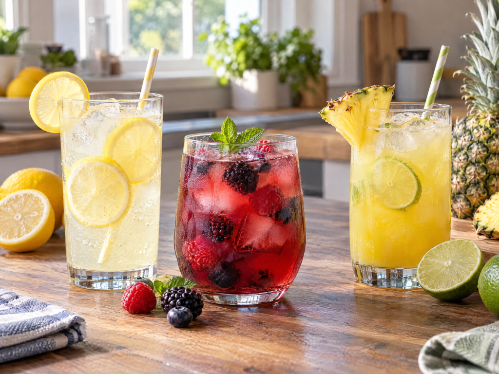 Refreshing fruit drinks with citrus and fresh berries