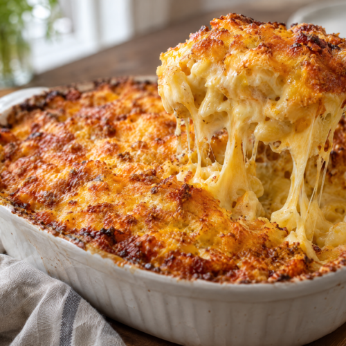 Southern baked mac and cheese with a creamy center and golden melted cheddar and Colby Jack topping