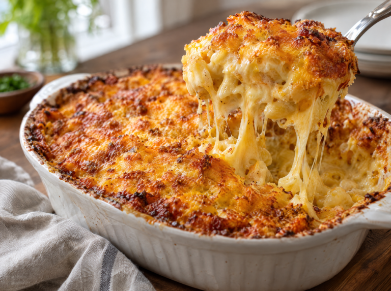 Southern baked mac and cheese with a creamy center and golden melted cheddar and Colby Jack topping