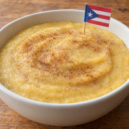 Puerto Rican crema de maíz with a smooth golden cornmeal texture and a light dusting of cinnamon