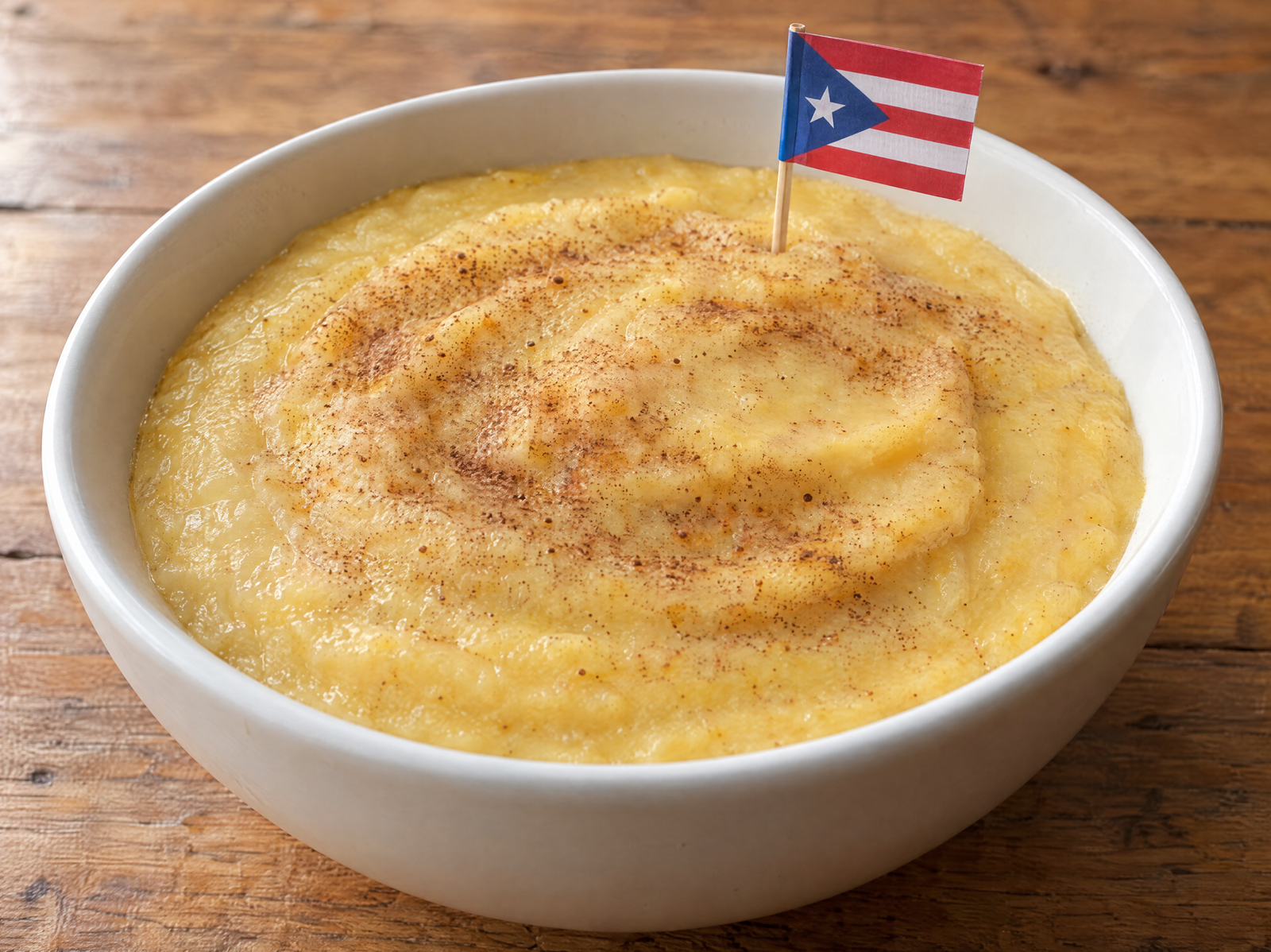 Puerto Rican crema de maíz with a smooth golden cornmeal texture and a light dusting of cinnamon