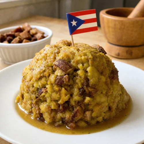 A dome of mashed green plantain mofongo studded with crispy chicharrón pieces, served on a plate with a small Puerto Rican flag on a toothpick