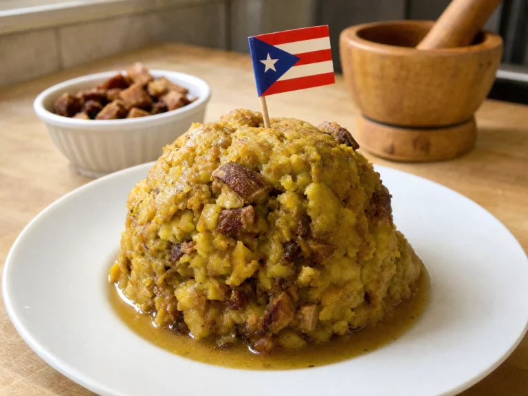 A dome of mashed green plantain mofongo studded with crispy chicharrón pieces, served on a plate with a small Puerto Rican flag on a toothpick