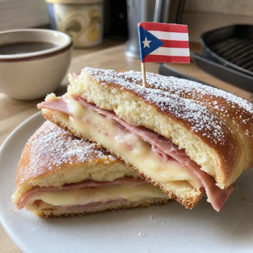 A pressed pan de mallorca sandwich with melted cheese and ham peeking out the sides, dusted with powdered sugar on a small plate