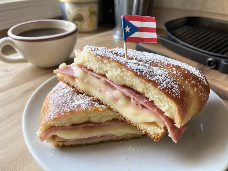 A pressed pan de mallorca sandwich with melted cheese and ham peeking out the sides, dusted with powdered sugar on a small plate