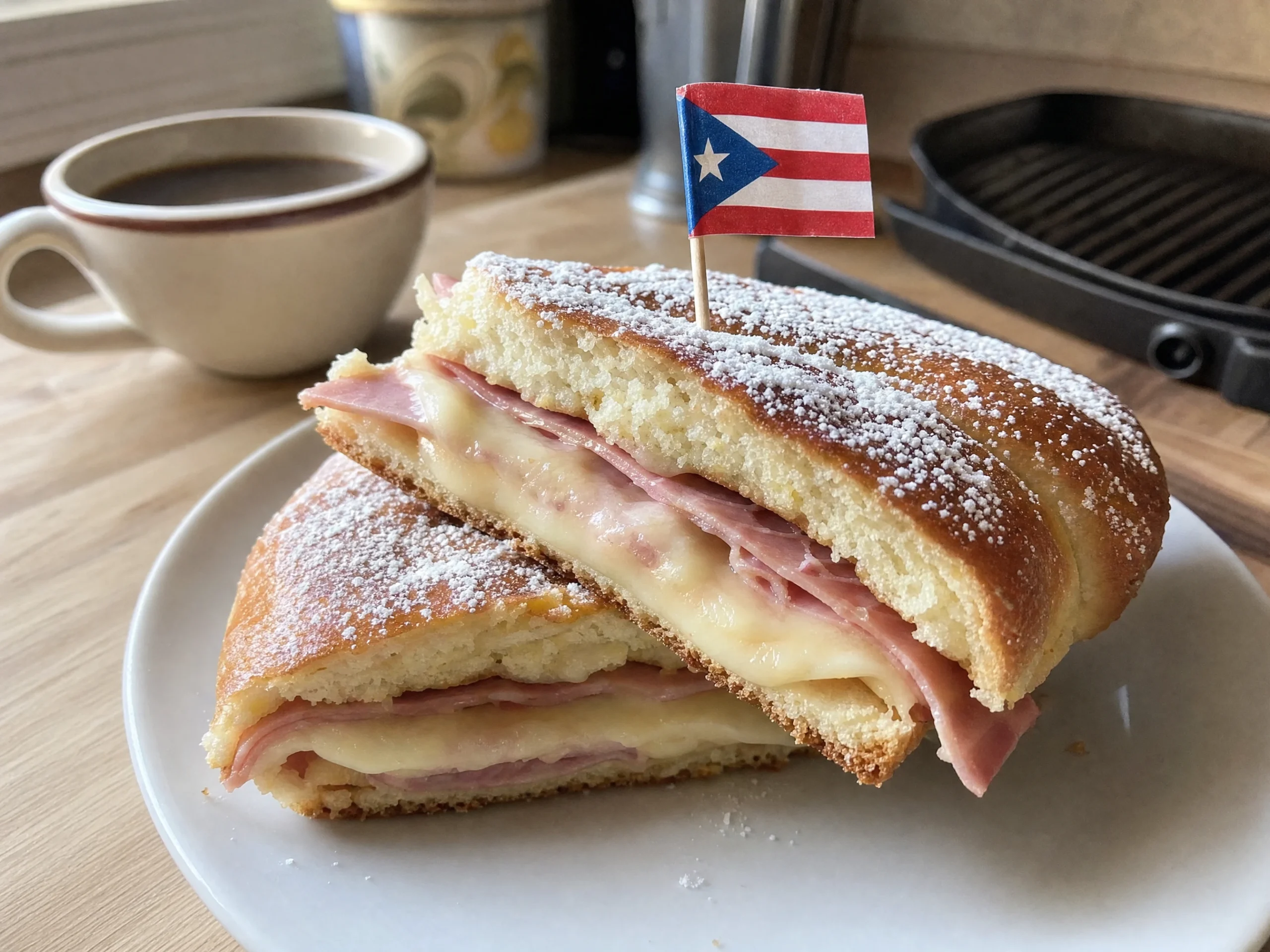 A pressed pan de mallorca sandwich with melted cheese and ham peeking out the sides, dusted with powdered sugar on a small plate