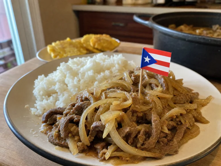 Authentic Puerto Rican bistec encebollado: marinated steak stewed with onions until fork-tender in a savory gravy. A true home-style comfort dish.