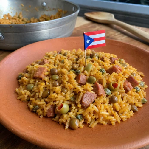Puerto Rican arroz con gandules with pigeon peas, smoked ham, olives, and sofrito served on a warm terracotta plate