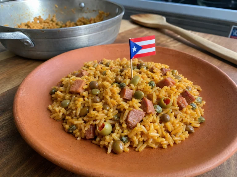 Puerto Rican arroz con gandules with pigeon peas, smoked ham, olives, and sofrito served on a warm terracotta plate