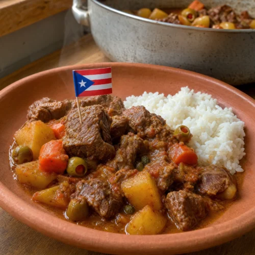 Puerto Rican carne guisada with tender beef, potatoes, carrots, olives, and rich tomato broth served beside white rice on a terracotta plate