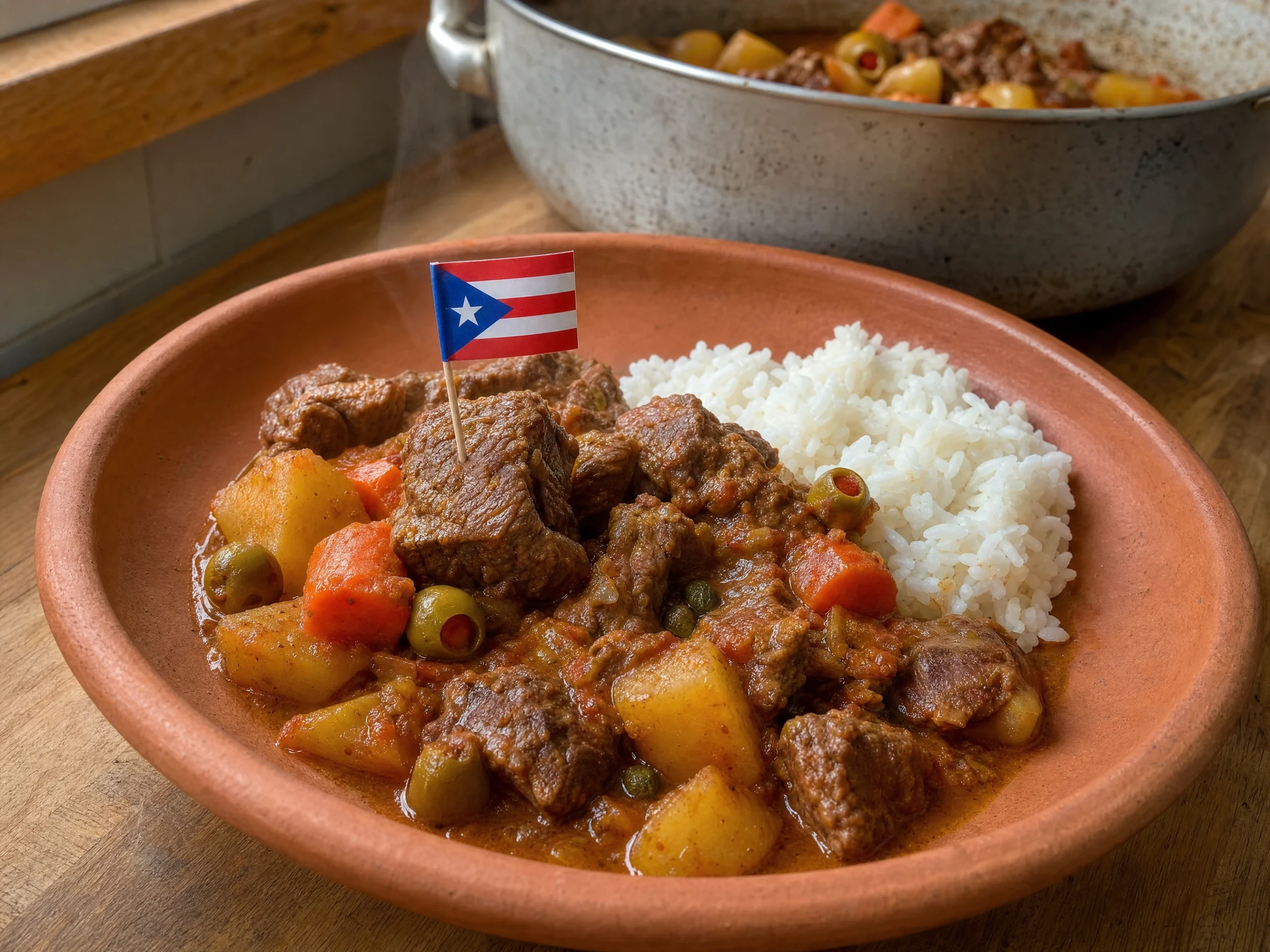 Puerto Rican carne guisada with tender beef, potatoes, carrots, olives, and rich tomato broth served beside white rice on a terracotta plate