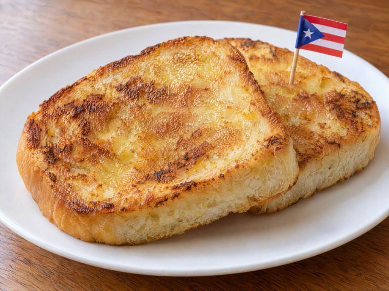 Golden Puerto Rican tostadas de pan sobao with butter, crisp edges, and soft centers on a white plate