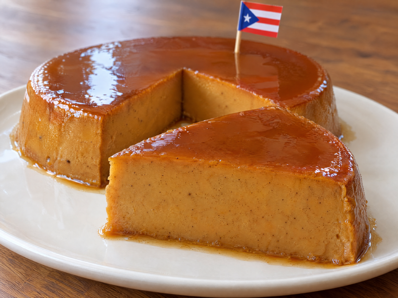 Puerto Rican flan de calabaza with smooth pumpkin custard and golden caramel sauce on a white serving plate