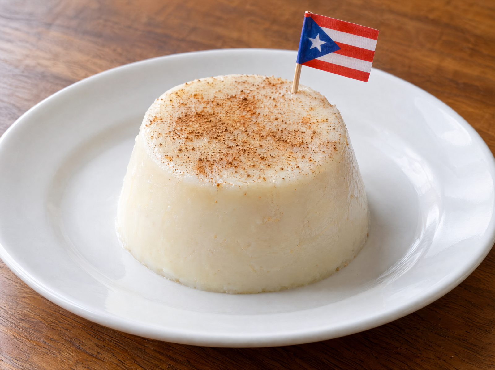 Individual Puerto Rican tembleque de coco topped with cinnamon on a plain white plate