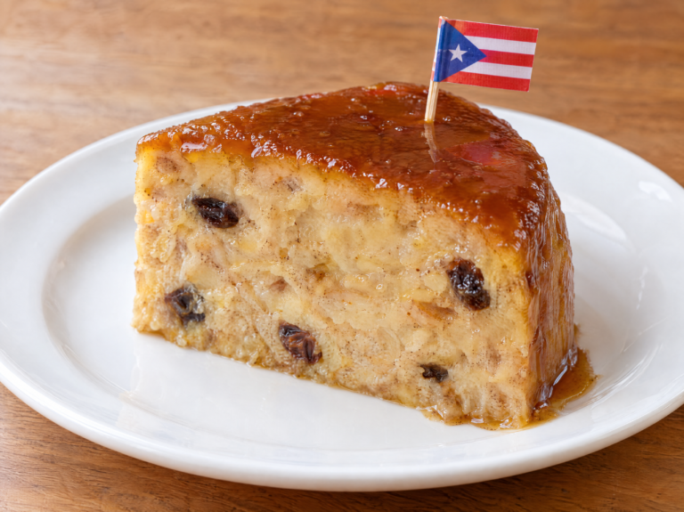 Slice of Puerto Rican budín de pan with raisins and golden caramel on a white plate