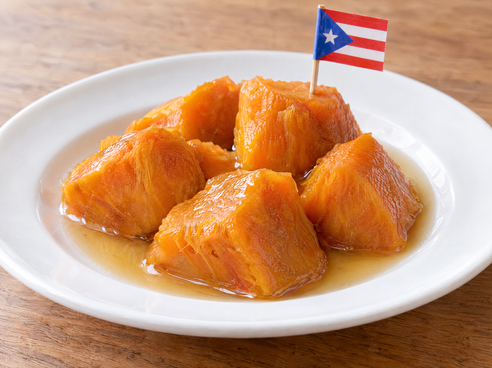 Orange sweet-potato pieces in cinnamon-vanilla syrup served on a white plate as dulce de batata en almíbar