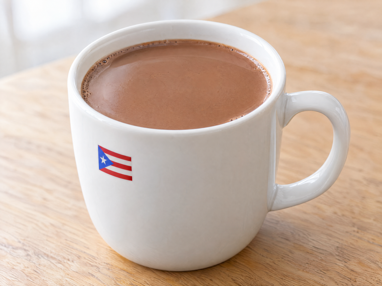 Creamy Puerto Rican hot chocolate in a plain white mug on a natural wooden table